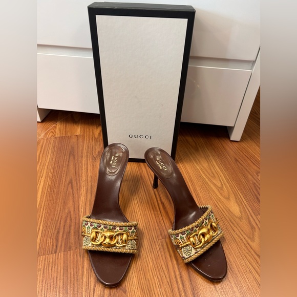 Gucci Brown Woven Jute Horsebit Heels Gold Chain Link Women’s Size 8.5B w/ box - Picture 1 of 11